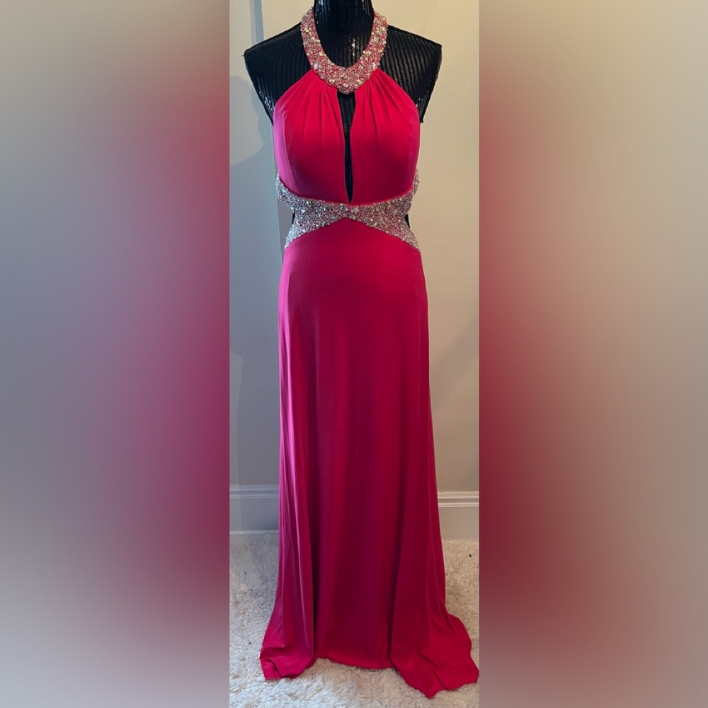 May Queen Fuchsia Backless Rhinestone Halter Gown Size 12